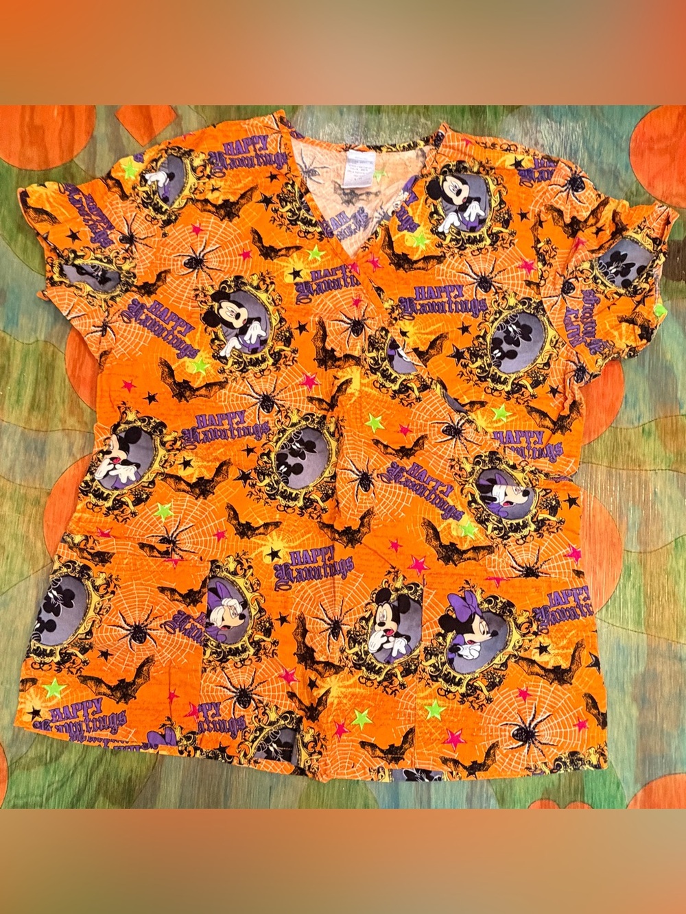 Disney Mickie Minnie Mouse Happy Halloween Scrub Top Large Short Sleeve Pocket O